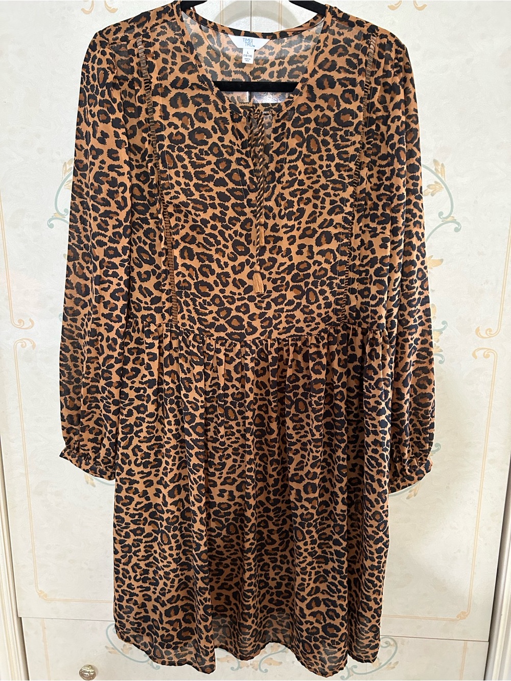 Time and Tru Leopard Print Long Sleeve Dress - Brown/Black